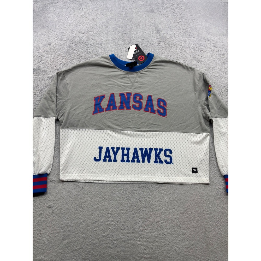 The Wild Collective Kansas‎ Jayhawks Women Small Grey Mesh Cropped Long Sleeve T